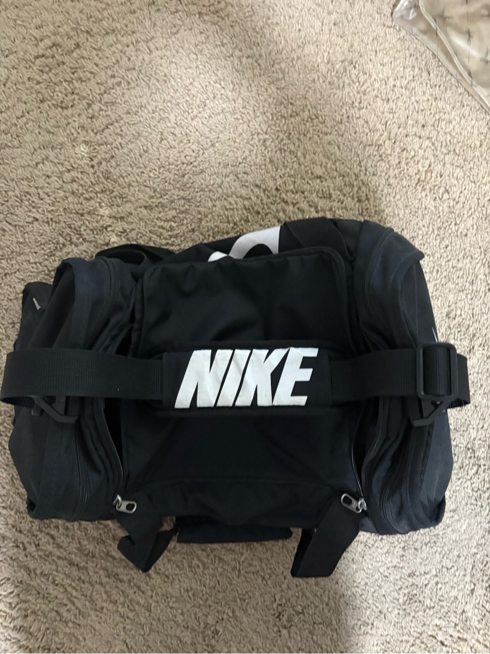 Nike Black Duffel with White NIKE Logo Strap